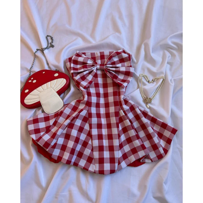 Aiertu  -  Sweet and cute red plaid bow design high-quality baggy short skirt for women y2k vintage slim fit trendy fashion mini skirt Aiertu