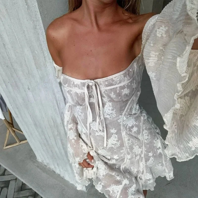 Aiertu Lace Ruffle Mini Dress Slim Sexy Backless Long Sleeve Bandage Dresses Women Summer Slim Patchwork Vacation Beach Dress Aiertu