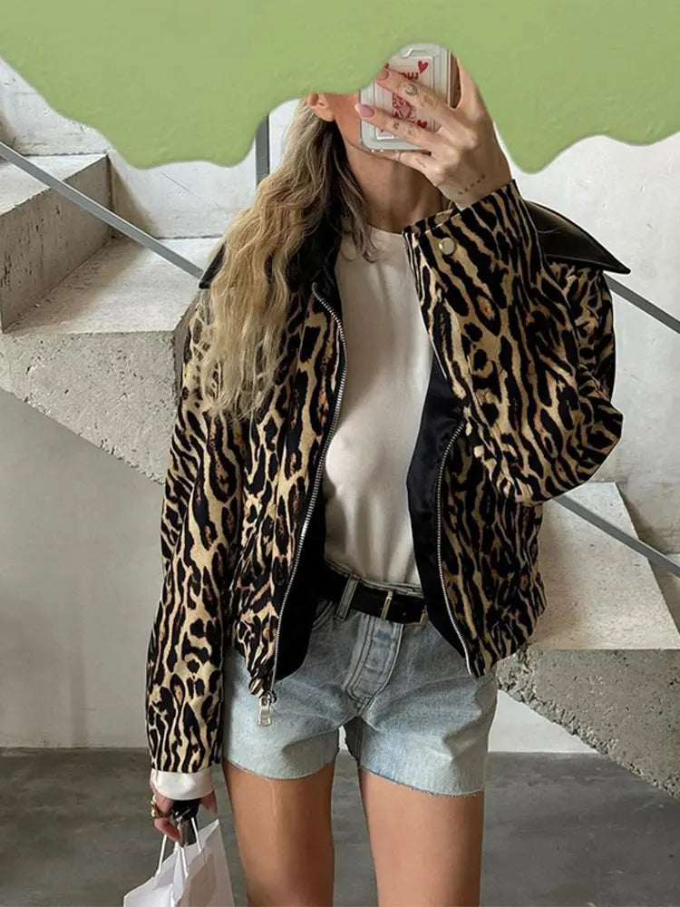 Aiertu  -  Women's Casual Leopard Printed Leather Lapel Patchwork Jacket Chic Zipper Long Sleeve Short Slim Coat 2026 Lady High Streetwear Aiertu