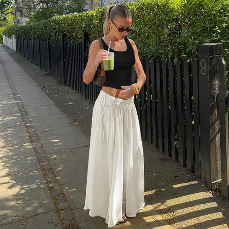 Aiertu  -  Summer Drawstring High Waist Long Skirt For Women Pleated Casual Patchwork Lace-Up See-Through Female Chiffon Maxi Skirt Aiertu