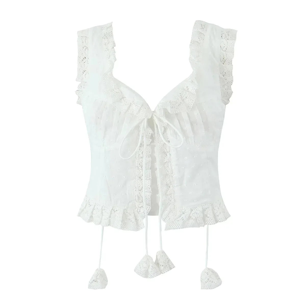 Aiertu  -  Lace Trim White Tank Top Women Summer Sexy Drawstring V Neck Sleeveless Vest Streetwear Fashion Elegant Slim Crop Tops 2025 New Aiertu