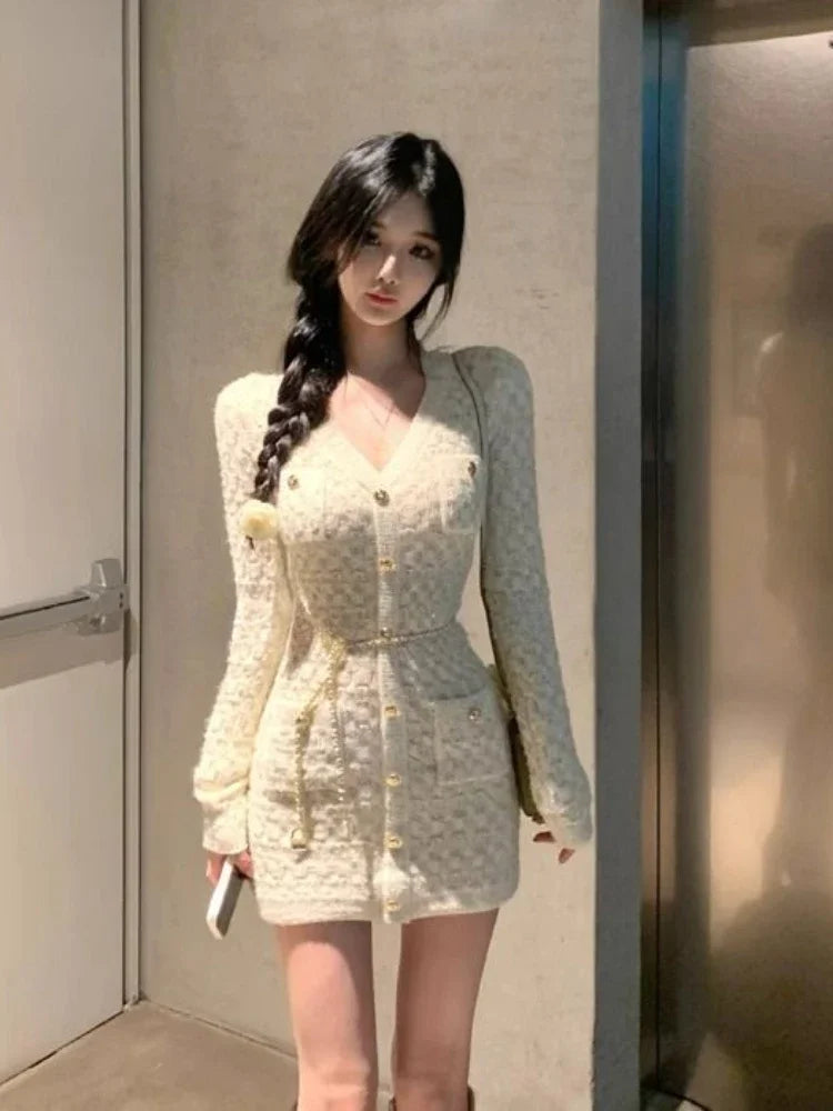 Aiertu DRESS TO IMPRESS French Elegant Slim Knitted Dress Short Party One Piece Dress Korean Fashion Winter Sexy Bodycon Y2k Mini Dress Woman Chic Aiertu