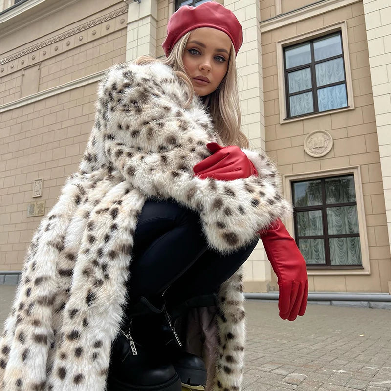 Aiertu  -  casual winter outfits Winter 2024 Long Belted Leopard Faux Fox Fur Coat Women Overcoats Ladies Stylish Street Fashion Fluffy Fox Fur Jacket Aiertu