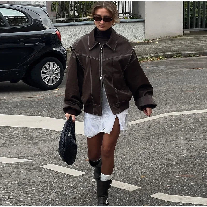 Aiertu  -  Loose Patchwork Leather Jackets Women Fashion Lapel Zipper Pockets Long Sleeve Coats 2026 Autumn New Female Chic Tops Streetwear Aiertu