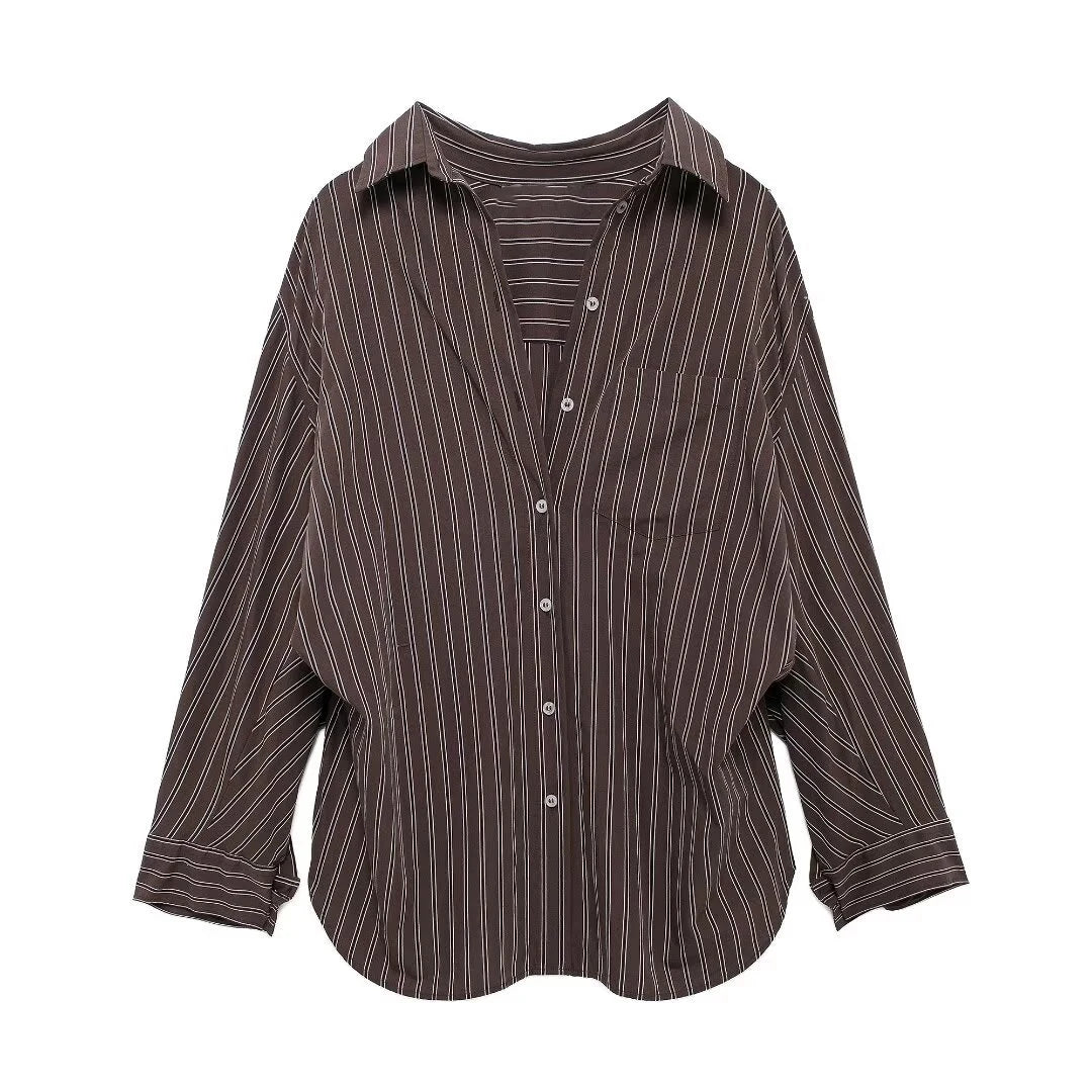 Aiertu  -  Vintage Solid Striped Pocket Blouse Women Single Breasted Long Sleeve Loose Tops Shirt 2025 Spring New Streetwear Casual Blouses Aiertu