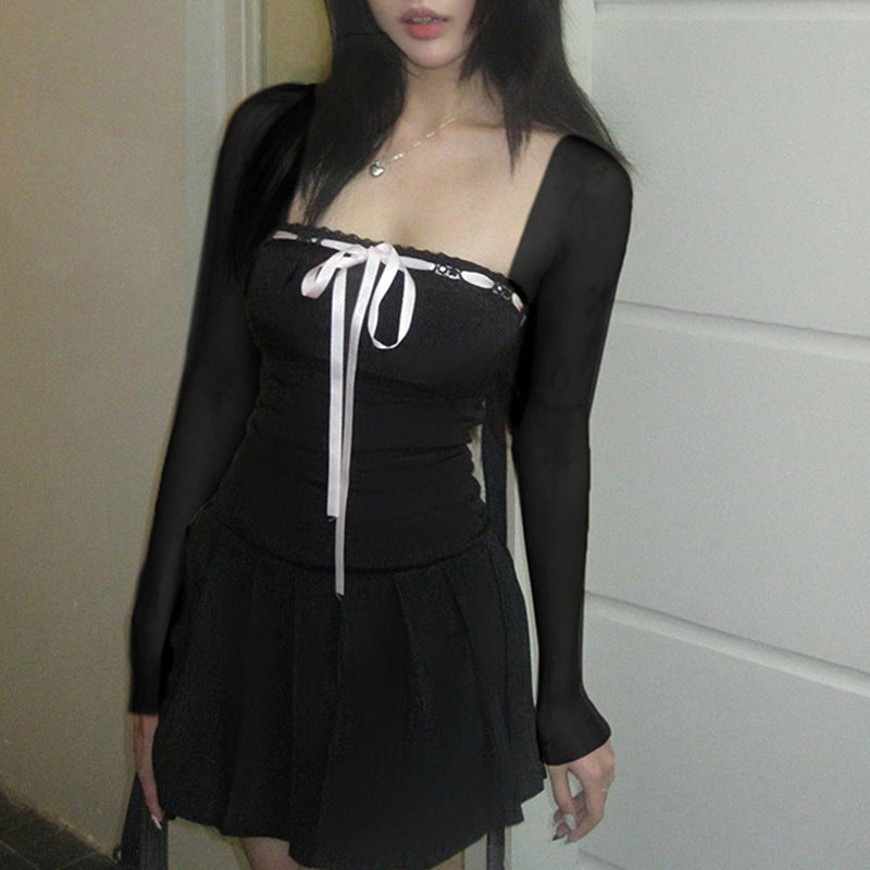 Aiertu - Mesh Splice Bow Decor Trumpet Sleeve Mini Dress Aiertu