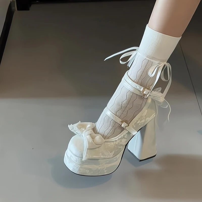 Aiertu  -    Platform High Heel Women's Mary Jane Shoes Fashion Butterfly-knot Shoes Spring Autumn Wedding Party Shoes Aiertu