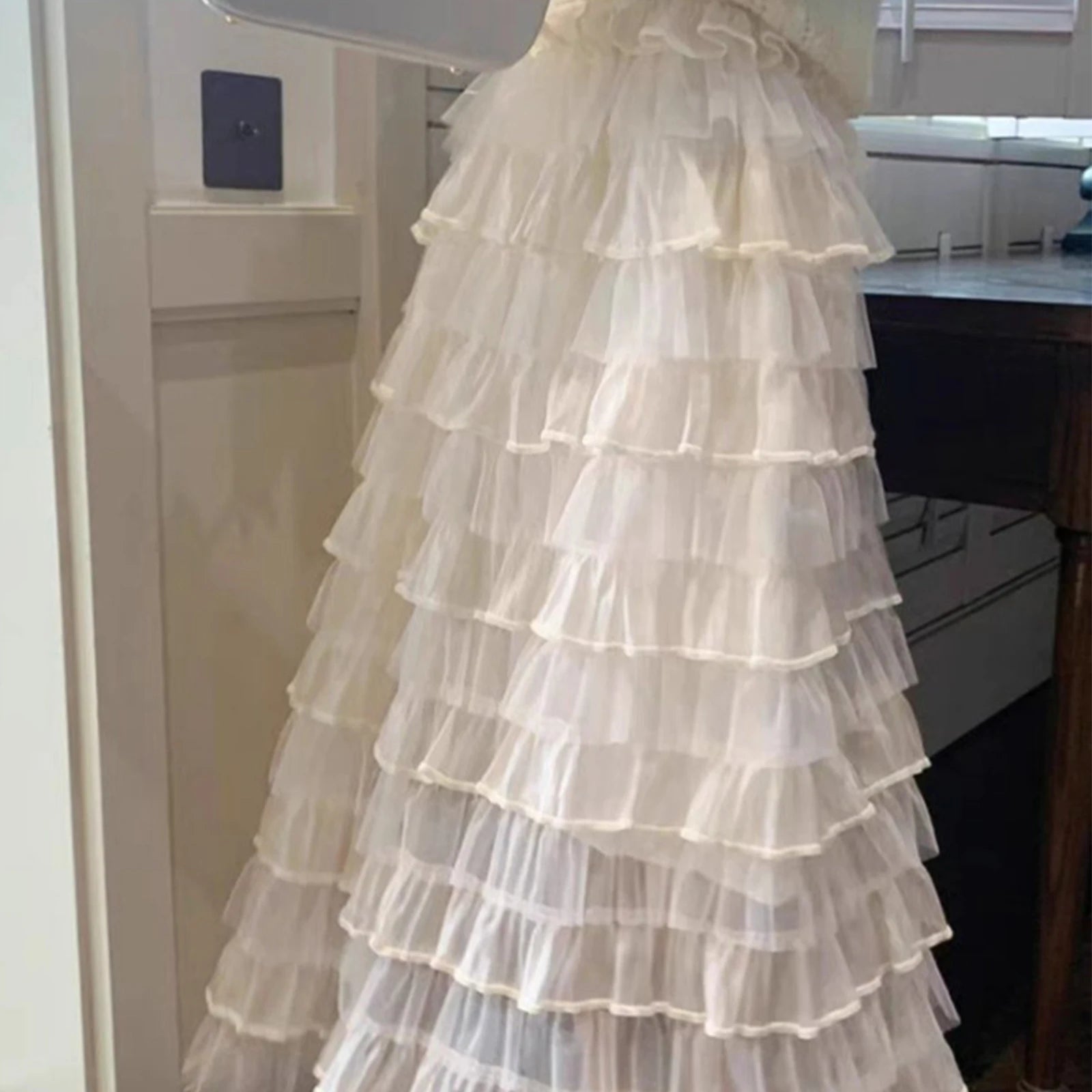 Aiertu  -  Summer 2026 Long Cake Skirt Women Solid Color High Rise Layered Ruffled A-line Tulle Skirt for Daily Office Aiertu