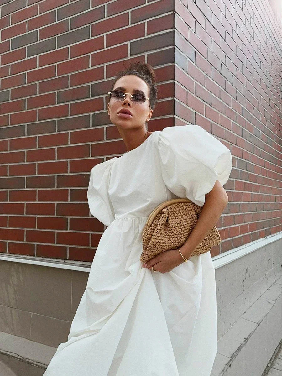 Aiertu  -  100% Cotton Women's Oversized Bubble Sleeve Dresses Fashionable Ladies O-Neck Chic Short Sleeve Summer Loose Long Dress Aiertu