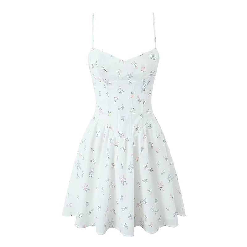 Aiertu  -  Floral Print Fishbone Slim Sling Mini Dress For Women Sexy Thin Straps Low Waist Holiday Party Summer Dresses Lace Up Back Robe Aiertu