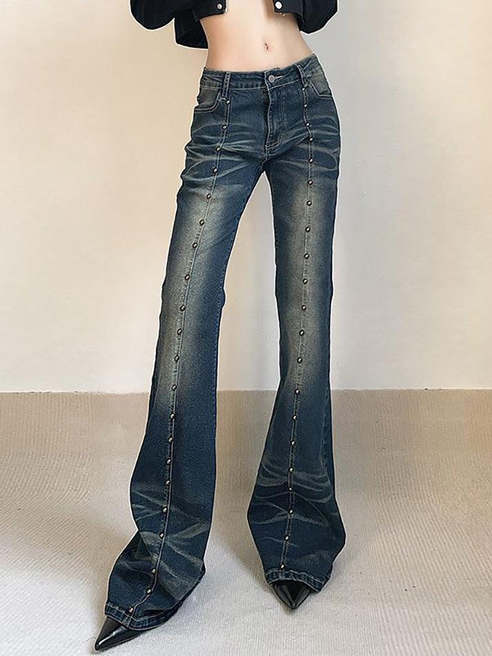 Aiertu  Low Rise Studded Slim-Fit Washed Boot-Cut Jeans Aiertu