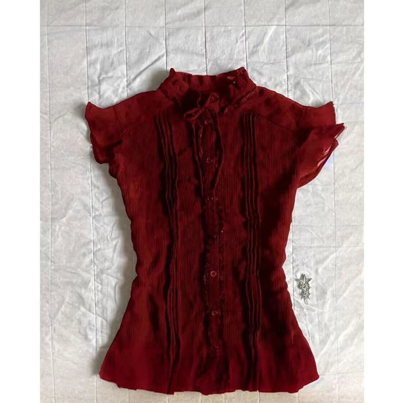 Aiertu  -  Vintage Shirts Women Harajuku Aesthetic Ruffles Lace Up Blouses Summer Ladies Korean Stand Flying Short Sleeve Design Tops Aiertu