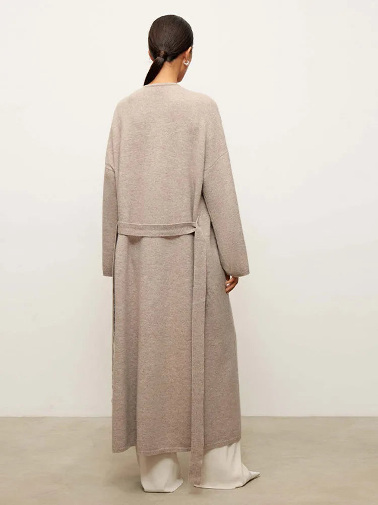 Aiertu  -  Elegant Solid Knitted Women Cardigan Long Sleeve Loose Female Coat 2024 Casual Lace Up Belt Lazy V-neck Lady Knitwear Coats Aiertu