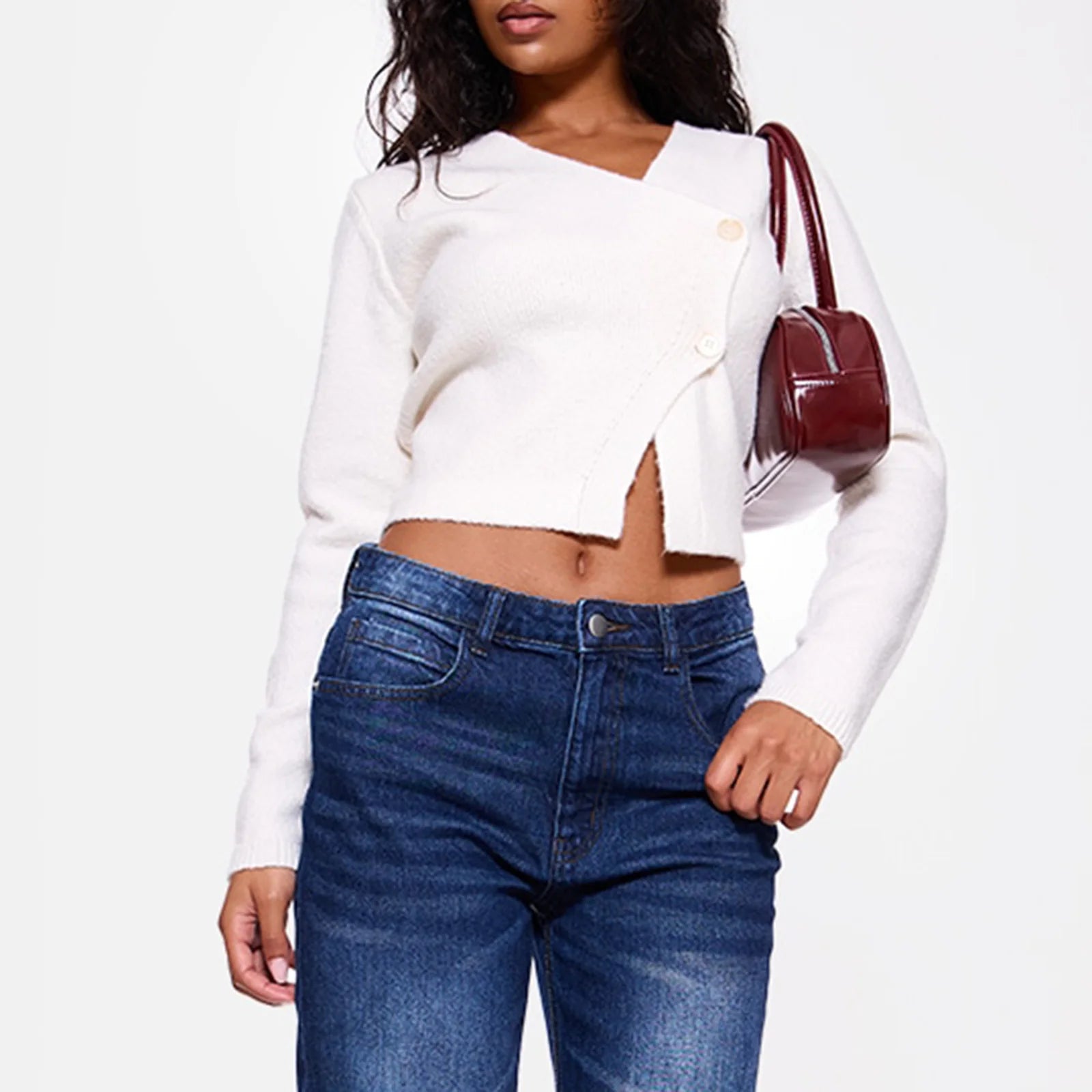 Aiertu  -  Women's Autumn Short Sweater Cardigan Solid Long Sleeve V Neck Oblique Button Up Knitwear Aesthetic Retro Streetwear Aiertu