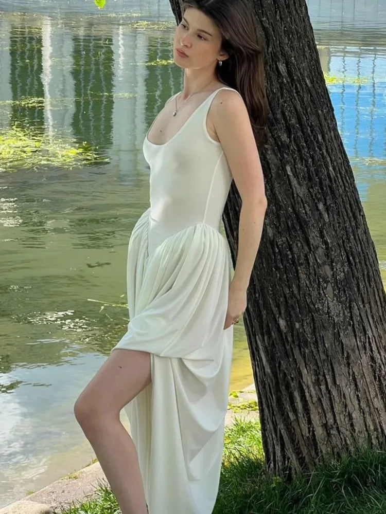 Aiertu  -   Elegant Sleeveless Elastic Tight Long Dress Women Fluffy Skirt Split Backless Evening Dress Slim Party Vacation Vestidos Aiertu
