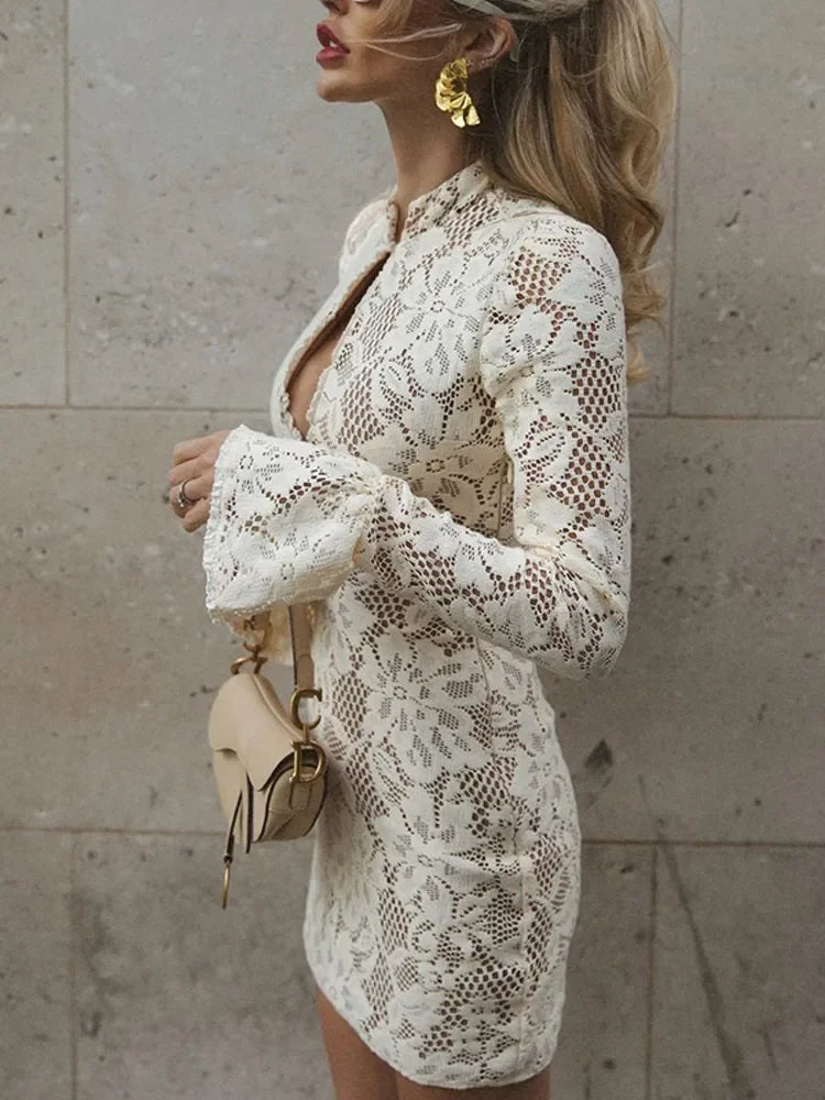 Aiertu  -  Sexy Knit Lace Hollow Out Mini Dress Elegant Stand Neck Flare Long Sleeve Slim Dresses Fashion Lady Party Club Evening Vestidos Aiertu