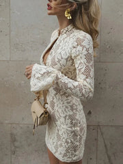 Aiertu  -  Sexy Knit Lace Hollow Out Mini Dress Elegant Stand Neck Flare Long Sleeve Slim Dresses Fashion Lady Party Club Evening Vestidos Aiertu