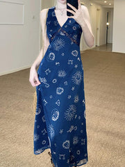 Aiertu  -Vintage Print Lace Mesh V-Neck Maxi Dress aiertu