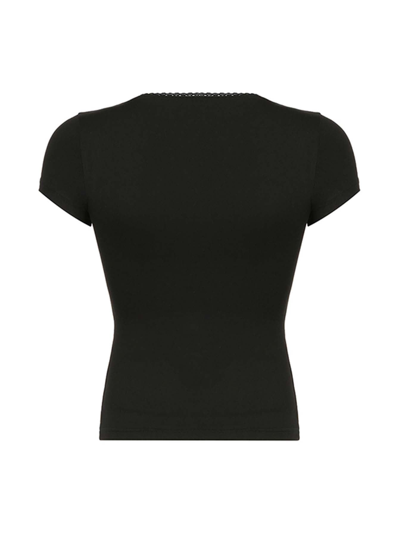Aiertu - summer inspo Hot Black Solid Slim Elegant Basic Short Sleeve Tees Lace Trim Cute Y2K V Neck White T Shirts Women Summer Streetwear Tops Aiertu