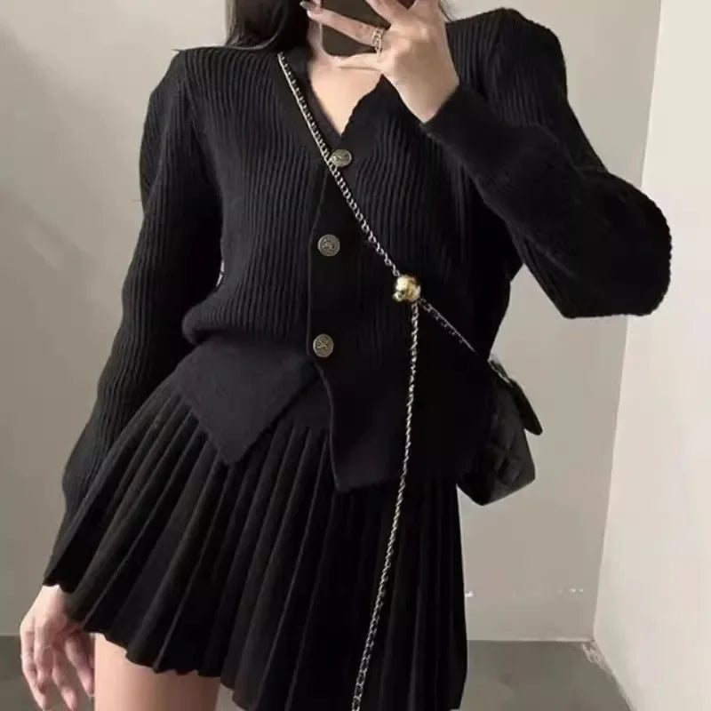 Aiertu      -  Retro Knitted Long Sleeve Sweater High-Waisted Pleated Skirt Two Piece Set For Women Niche Solid Matching Sets Autumn New Aiertu