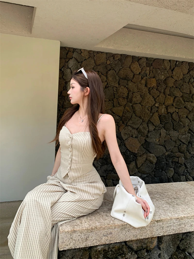 Aiertu  -  Trendy Striped Suits for Women Chic Single Breasted Suspender Vest High Waist Wide Leg Pants 2025 New Elegant Lady 2 Piece Sets Aiertu