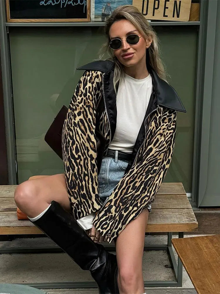 Aiertu  -  Women's Casual Leopard Printed Leather Lapel Patchwork Jacket Chic Zipper Long Sleeve Short Slim Coat 2026 Lady High Streetwear Aiertu