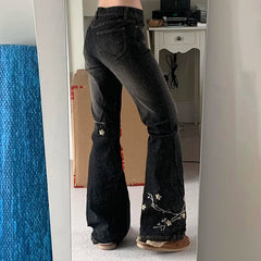 Aiertu  -  Plant Printed Embroidery Y2K Flare Jeans Women Vintage Skinny Boot Cut Trousers Fashion Street 2000s Denim Pants Fall Aiertu