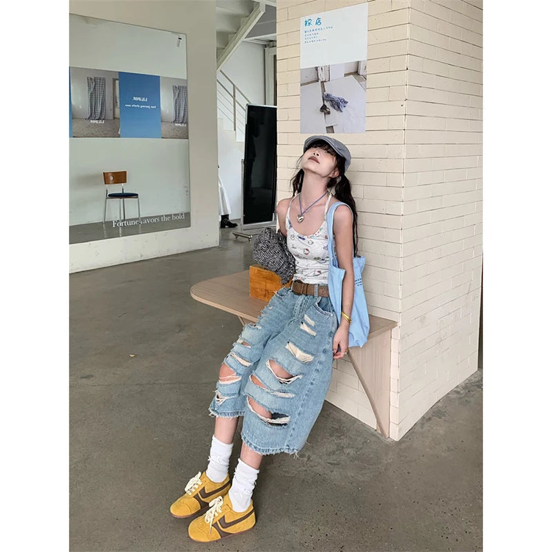 Aiertu  -  Y2k Baggy Vintage Blue Jorts Women High Waist American Streetwear Wide Leg Knee Length Jeans Casual Loose Summer Denim Shorts Aiertu