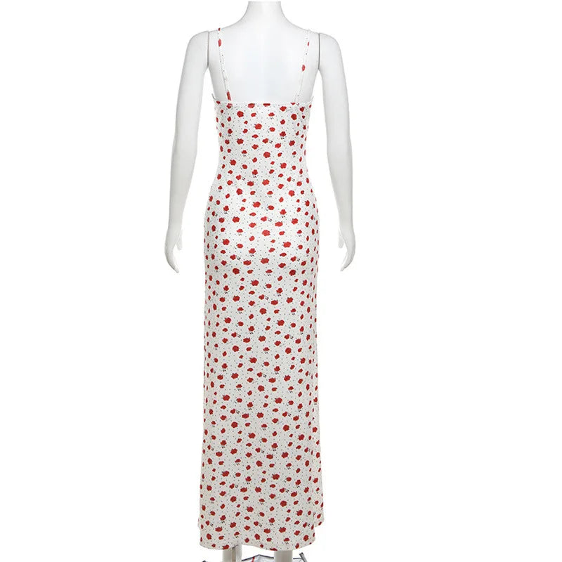 Aiertu  -  Fashion Holidays Floral Printed Summer Long Dress Tie-Up Lace Trim Spaghetti Strap Sexy Sundress Slim Boho Women New Aiertu
