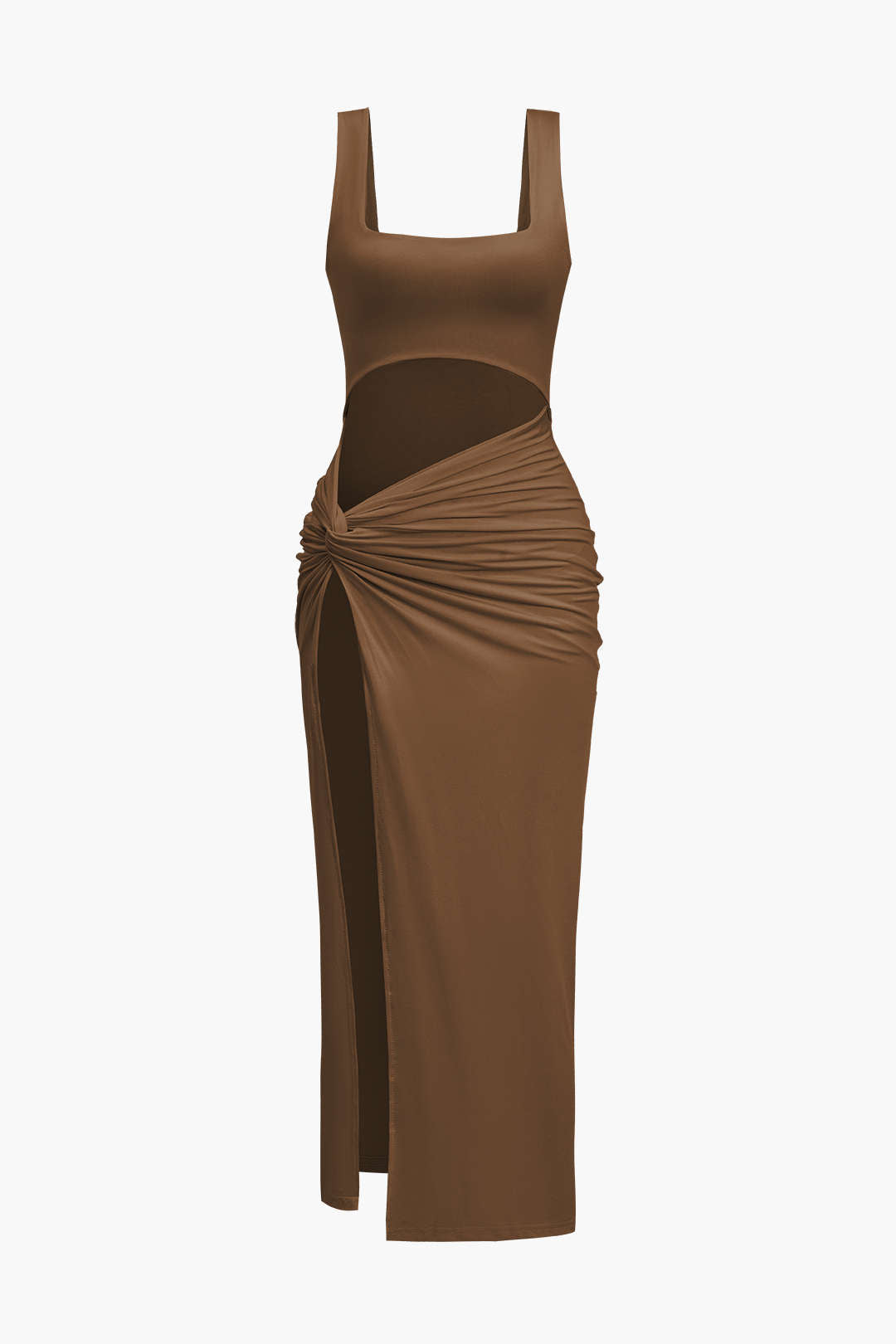 Aiertu  Solid Twist Front Cut Out Slit Midi Dress Aiertu