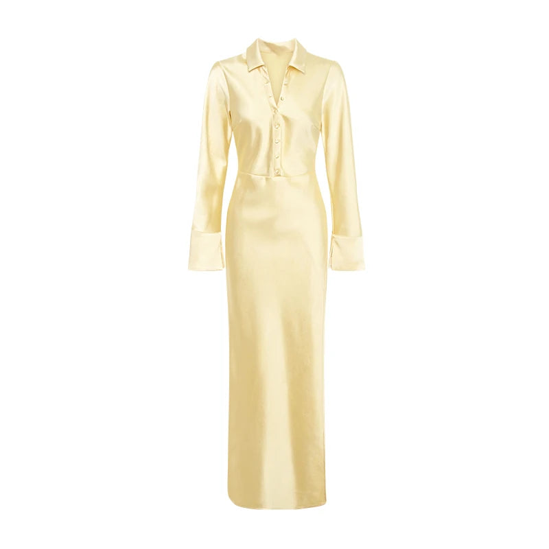 Aiertu  -  Vintage Solid Silk Shirt Long Dresses Women Elegant Loose Lapel Single Breasted High Waist Slit Dress Lady Chic Party Streetwear Aiertu