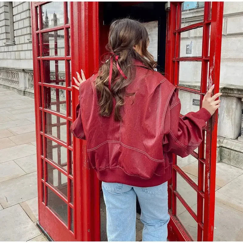 Aiertu  -  Loose Patchwork Leather Jackets Women Fashion Lapel Zipper Pockets Long Sleeve Coats 2026 Autumn New Female Chic Tops Streetwear Aiertu