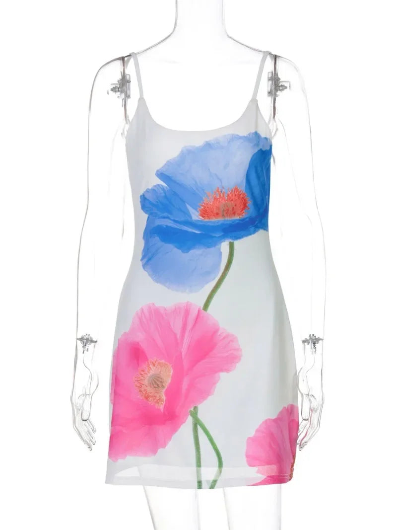 Aiertu  -  Woman Clothes Floral Print Mesh Slip Dress Y2K Streetwear 2026 Summer Lady Sleeveless Backless White Short Holiday Beach Dresses Aiertu