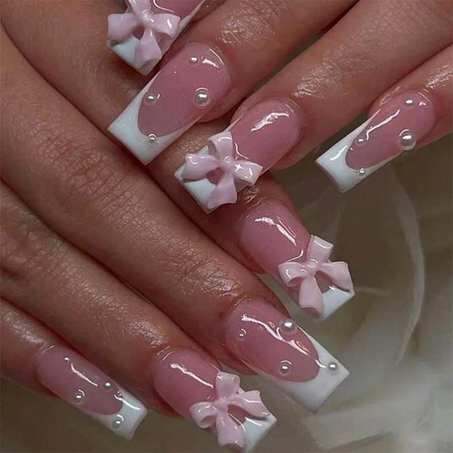 Aiertu Pink French Style Fake Nails 3D Bowknot Designs Short Square Press on Nails Sweet Korean Fashion False Nails for Women and Girls Aiertu