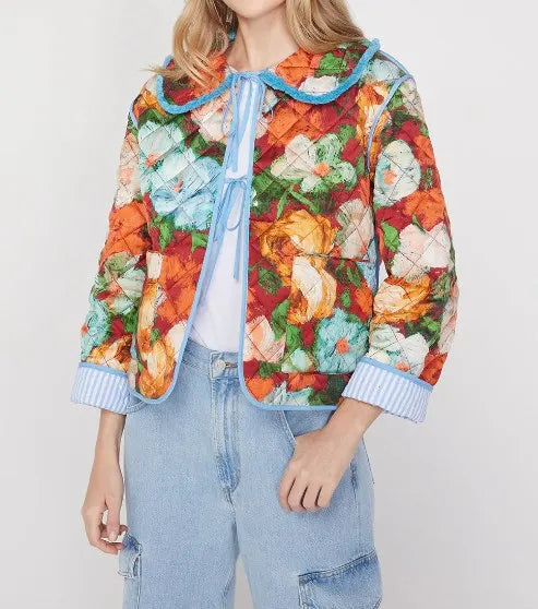 Aiertu  - Women Casual Double Sided Floral Print Quilted Jacket Chic Long Sleeve Lapel Lace Up Pockets Cotton Coat Winter Lady Outwear Aiertu
