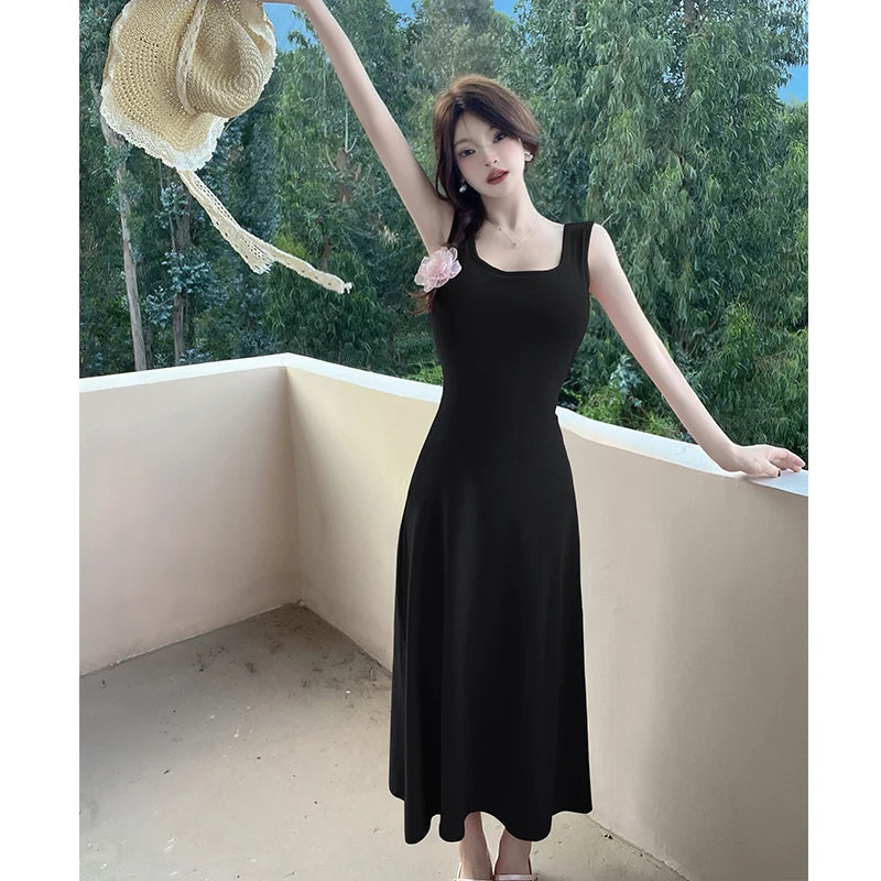 Aiertu  -  Spice Girl Sexy Strap Dress Women's Summer Sleeveless Slim A-line Solid Color Long Dress Fashion Female Clothes Aiertu