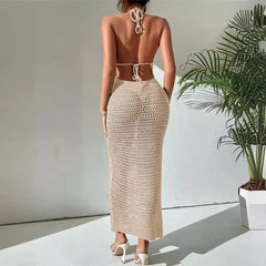 Aiertu  -  Halter Hollow Out Knit Bodycon Dress A-Line Sexy Summer Hoilday Sundress Beachwear Women Backless Maxi Dresses Chic Ladies Robe Aiertu