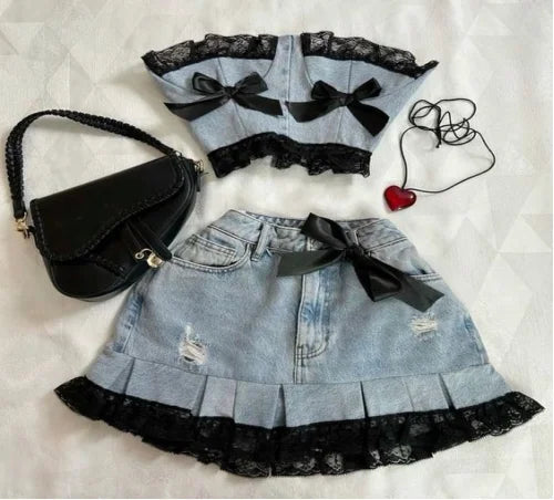 Aiertu  -  Korean Gothic Sexy Hottie Denim Skirt Suit for Women Harajuku Y2k Style High Street Retro Design Cute Mini Skirt Punk Slim Top Aiertu