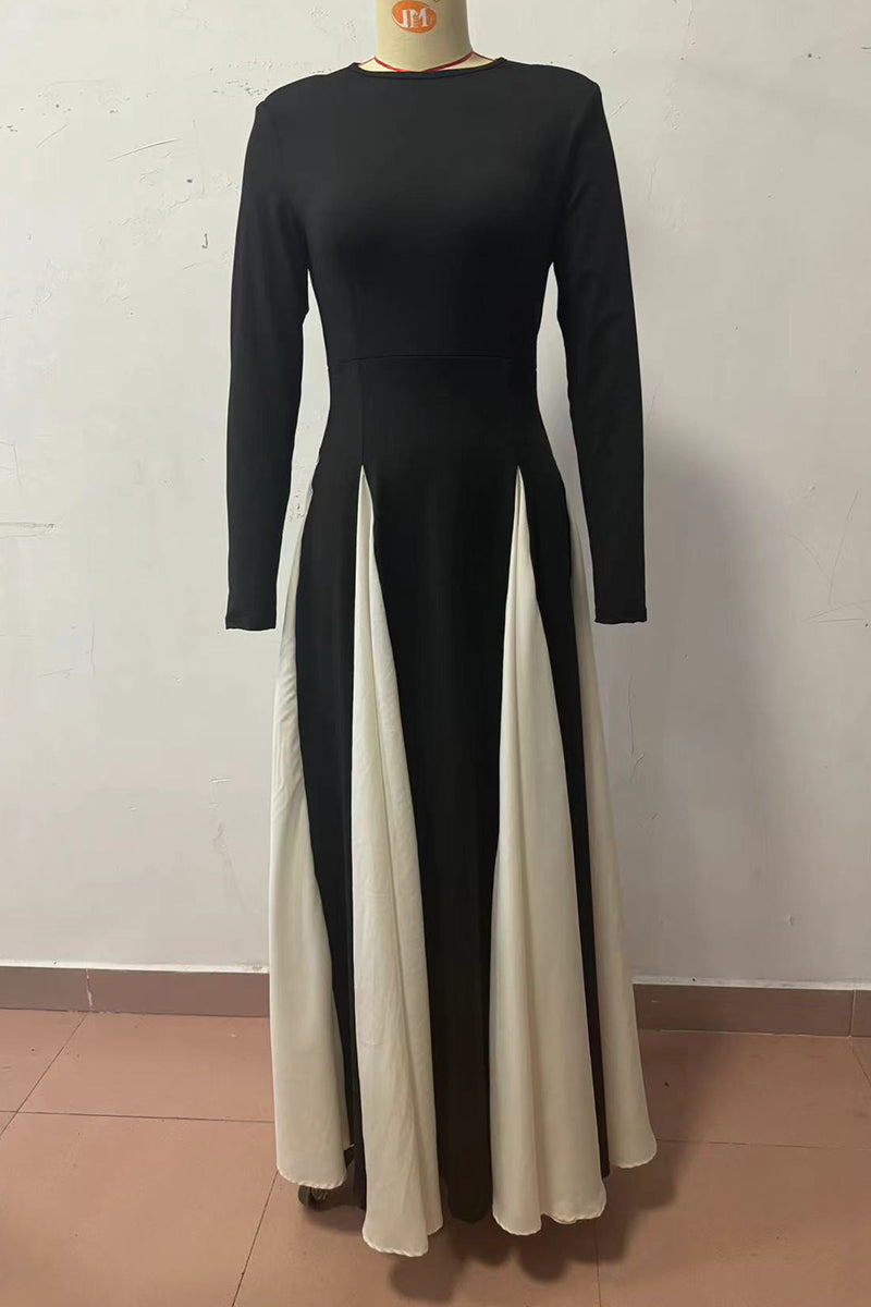 Aiertu  -  Elegant Solid Color Contrast O Neck Long Dresses Aiertu