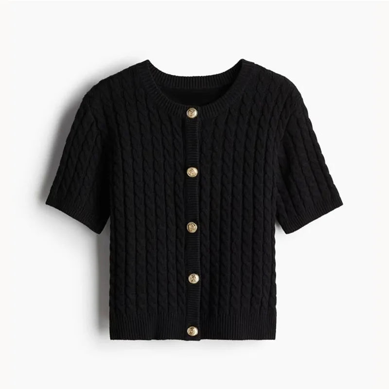 Aiertu  -  Round Neck Slim Fit Knitted Sweater Cardigan Short Sleeved Knitwear Slimming Thread Twist Comfort Top Women Fashion Autumn New Aiertu