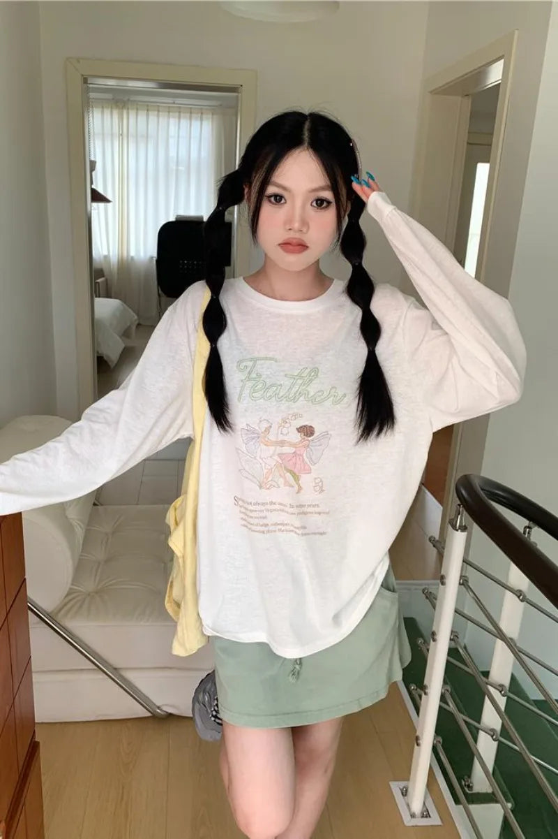 Aiertu  -  Sweet Girl Cartoon O-neck Long-sleeved T-shirt Women's Spring and Summer Cute Casual Loose Top Fashion Female Clothes Aiertu