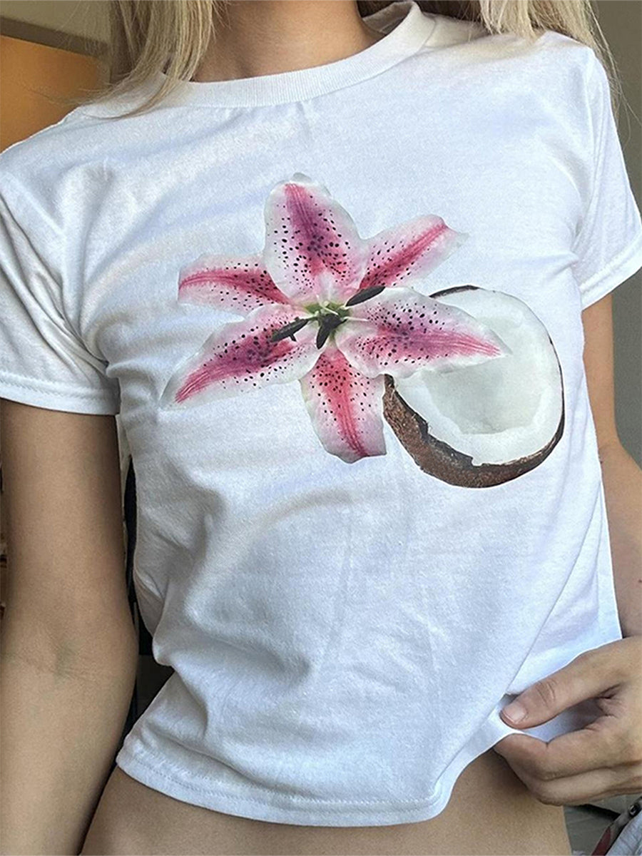 Aiertu  y2k Crop Top Women Baby Tee Floral Print Round Neck Short Sleeve T Shirt Fairycore Aesthetic 2000s Clothes Streetwear Aiertu