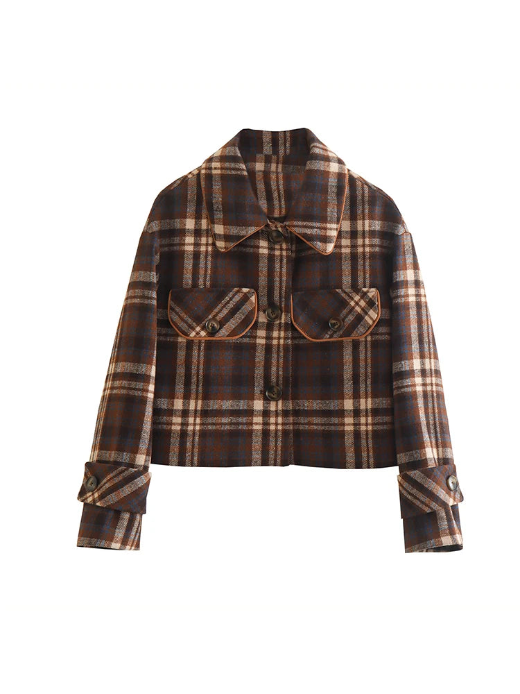 Aiertu  Women Fashion With Pockets Plaid Single Breasted Jackets Vintage Lapel Neck Long Sleeves Female Chic Lady Outfits Aiertu
