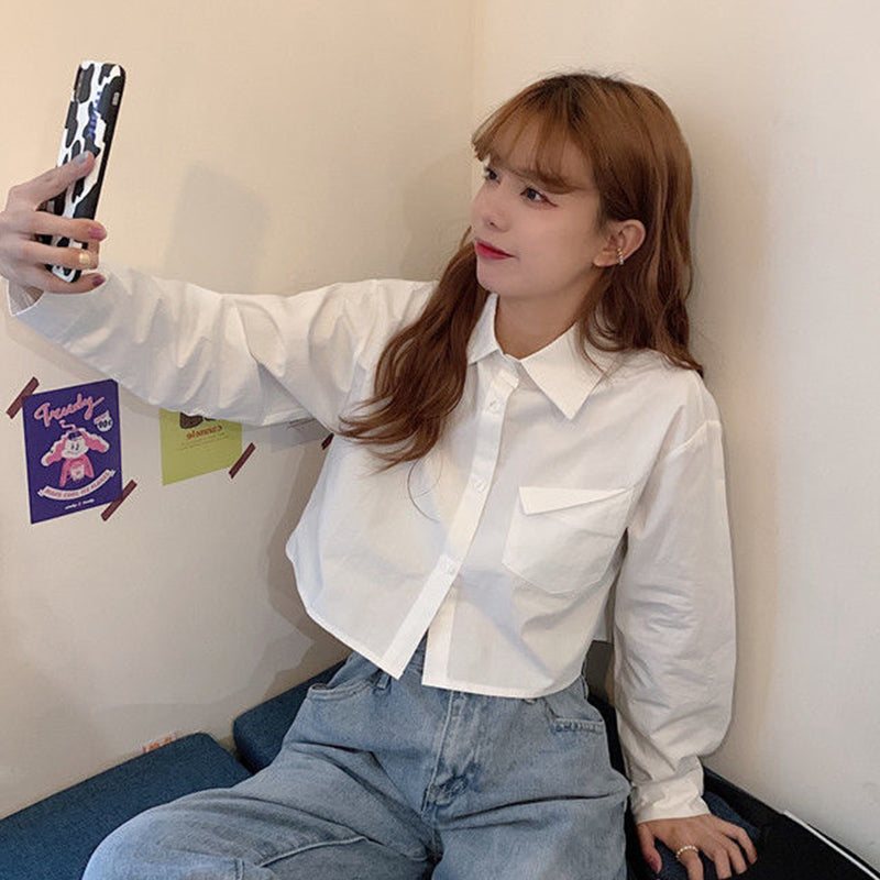 Aiertu Fashion Korean Pocket Cropped Blouse Women Casual Preppy Style Long Sleeve Short Shirt Fall Solid White All-match Y2k Tops Aiertu