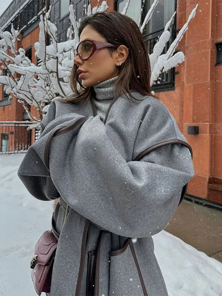 Aiertu  -  Fashion Gray Woollen Woollen Short Overcoat With Belt Casual V Neck Long Sleeves Pocket Cardigan Autumn Chic Lady Street Coat Aiertu