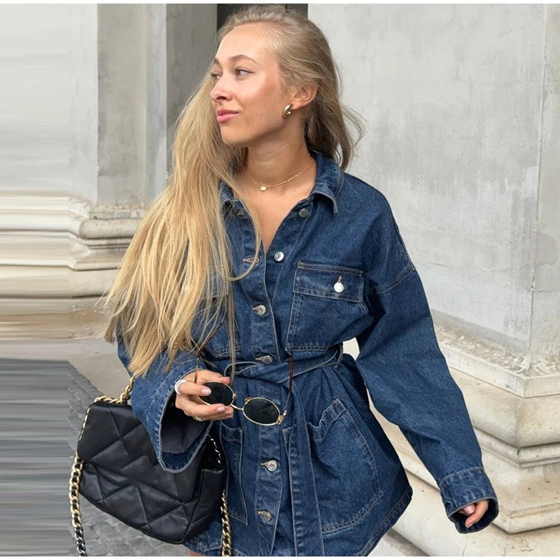 Aiertu  -  Fashion Women's Denim Jackets With Belt Casual Lapel Single-breasted Pockets Washed Jacket 2025 Spring Lady Y2k Street Outwear Aiertu