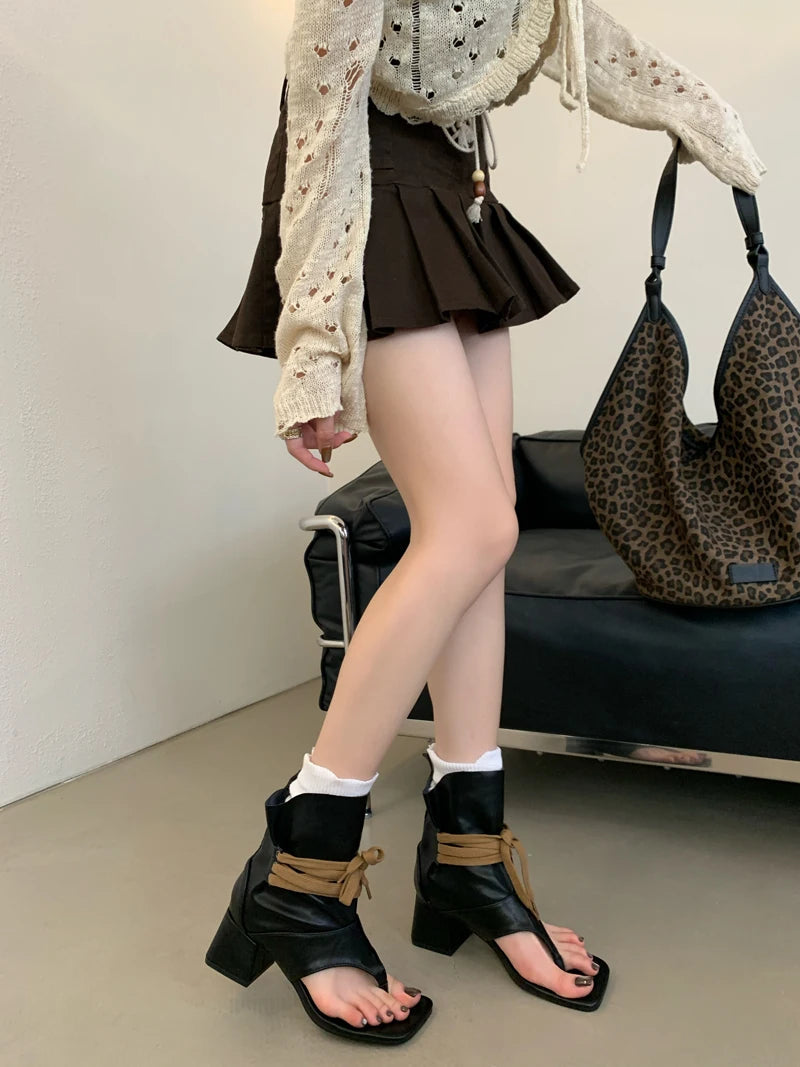 Aiertu    -  Woman Chunky Heels Summer Boots Fashion Thong High-toe Shoes Lace Up High Heels Ladies Sandals 2025 Trends Aiertu