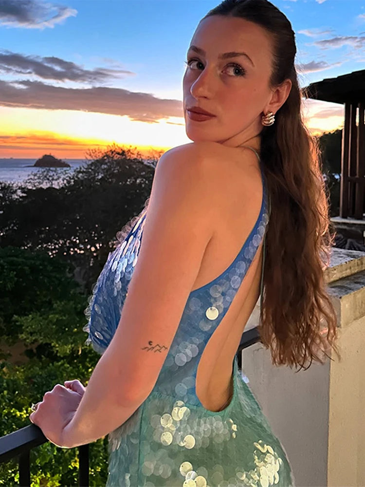 Aiertu  Fashion Sequins Backless Patchwork Halter Mini Dress For Women Backless Sleeveless Party Dress Summer Street Glitter Vestidos Aiertu