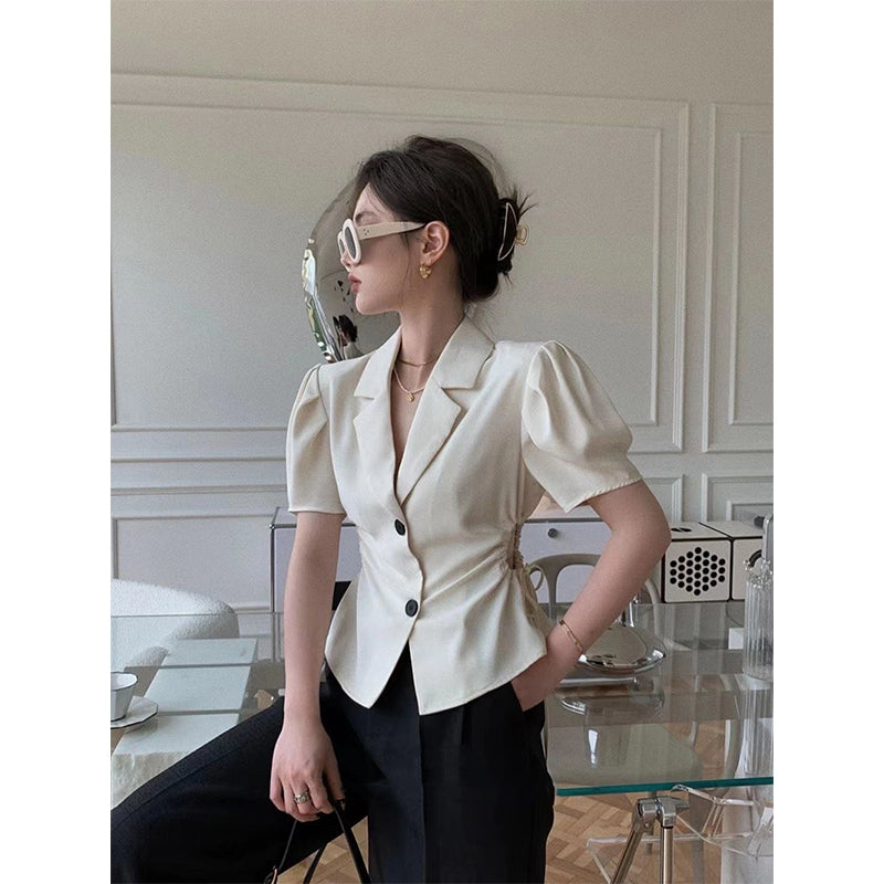 Aiertu Elegant Cropped Shirts Women Vintage Sexy Hollow Out Shirring Blouses Summer Office Ladies Korean Puff Sleeve Chic Tops Aiertu