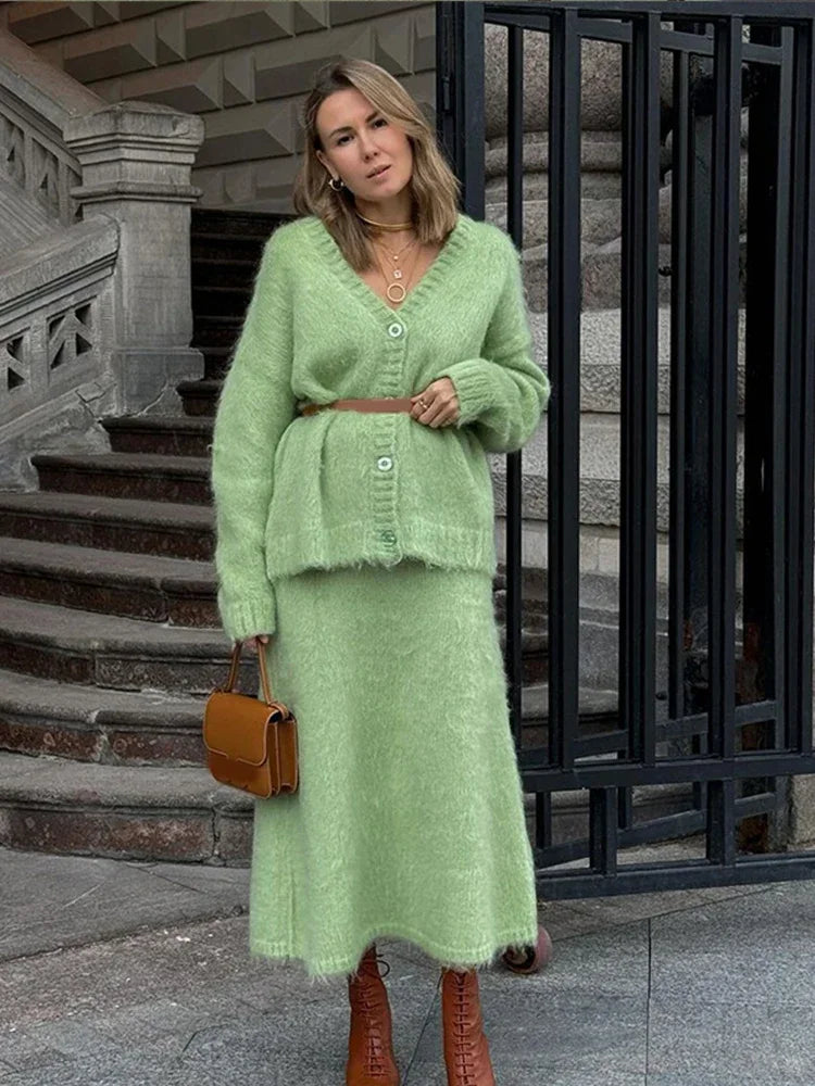 Aiertu  -  Elegant Knitted Solid Single Breasted Sweater Coat Skirt Suits Fashion V Neck Long Sleeves Cardigan Loose Commute Skirts Sets Aiertu